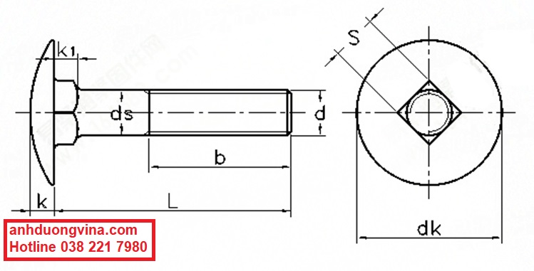 Bu lông cổ vuông M8x45mm - Mạ kẽm