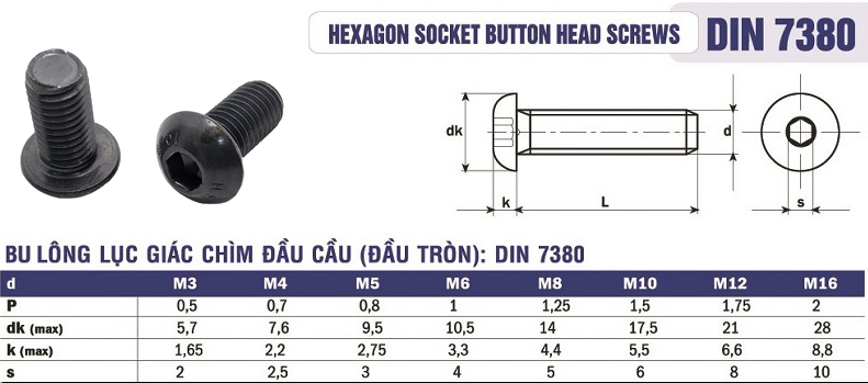 Tiêu chuẩn Bulong lục giác chìm đầu dù thép đen 12.9 DIN 7380