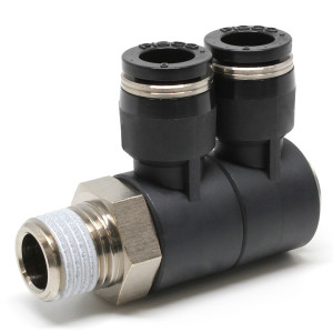 Đầu Nối Nhanh Khí Nén Hai Nhánh Cong 90° Thân Lục Giác Trụ Ren Ngoài Pisco PHW8-02-C