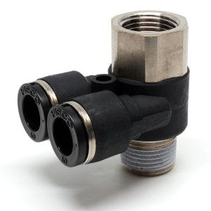 Đầu Nối Nhanh Khí Nén Hai Nhánh Cong 90° Đầu Lục Giác Trụ Ren Đực Cái Pisco PAF10-03-UC