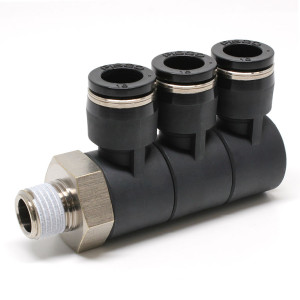 Đầu Nối Nhanh Khí Nén Ba Nhánh Cong 90° Thân Lục Giác Trụ Ren Ngoài Pisco PHT3/8-N2U