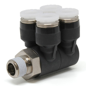 Đầu Nối Nhanh Khí Nén Bốn Nhánh Cong 90° Thân Lục Giác Trụ Ren Ngoài Pisco PAW5/32-N1U