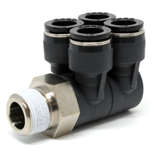 Đầu Nối Nhanh Khí Nén Bốn Nhánh Cong 90° Thân Lục Giác Trụ Ren Ngoài Pisco PAW12-04-C