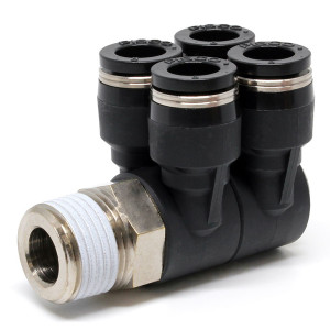 Đầu Nối Nhanh Khí Nén Bốn Nhánh Cong 90° Thân Lục Giác Trụ Ren Ngoài Pisco PAW8-03W