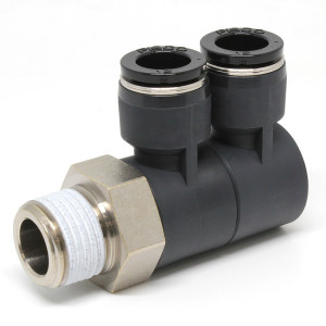 Đầu Nối Nhanh Khí Nén Hai Nhánh Cong 90° Thân Lục Giác Trụ Ren Ngoài Pisco PHW12-04-UC