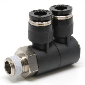 Đầu Nối Nhanh Khí Nén Hai Nhánh Cong 90° Thân Lục Giác Trụ Ren Ngoài Pisco PHW6-01W