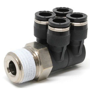 Đầu Nối Nhanh Khí Nén Bốn Nhánh Cong 90° Thân Lục Giác Trụ Ren Ngoài Pisco PAW8-04W