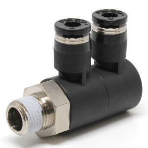 Đầu Nối Nhanh Khí Nén Hai Nhánh Cong 90° Thân Lục Giác Trụ Ren Ngoài Pisco PHW4-01
