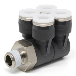 Đầu Nối Nhanh Khí Nén Bốn Nhánh Cong 90° Thân Lục Giác Trụ Ren Ngoài Pisco PAW3/8-N2U