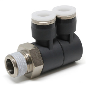 Đầu Nối Nhanh Khí Nén Hai Nhánh Cong 90° Thân Lục Giác Trụ Ren Ngoài Pisco PHW1/2-N3U