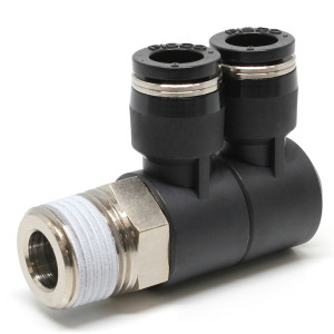 Đầu Nối Nhanh Khí Nén Hai Nhánh Cong 90° Thân Lục Giác Trụ Ren Ngoài Pisco PHW8-03W