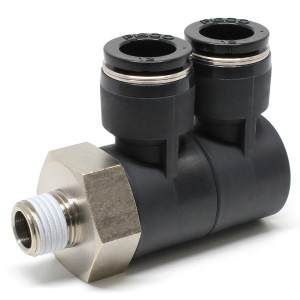 Đầu Nối Nhanh Khí Nén Hai Nhánh Cong 90° Thân Lục Giác Trụ Ren Ngoài Pisco PHW12-02