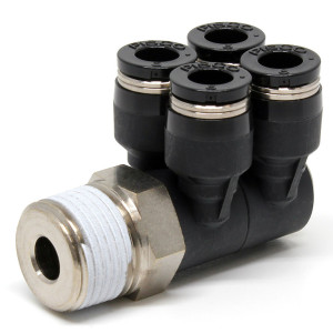 Đầu Nối Nhanh Khí Nén Bốn Nhánh Cong 90° Thân Lục Giác Trụ Ren Ngoài Pisco PAW6-03W