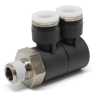 Đầu Nối Nhanh Khí Nén Hai Nhánh Cong 90° Thân Lục Giác Trụ Ren Ngoài Pisco PHW3/8-N2U