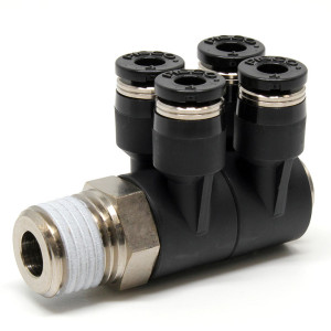 Đầu Nối Nhanh Khí Nén Bốn Nhánh Cong 90° Thân Lục Giác Trụ Ren Ngoài Pisco PAW4-02-C