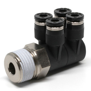 Đầu Nối Nhanh Khí Nén Bốn Nhánh Cong 90° Thân Lục Giác Trụ Ren Ngoài Pisco PAW4-03