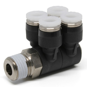 Đầu Nối Nhanh Khí Nén Bốn Nhánh Cong 90° Thân Lục Giác Trụ Ren Ngoài Pisco PAW1/4-02