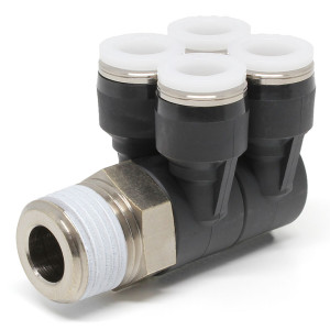 Đầu Nối Nhanh Khí Nén Bốn Nhánh Cong 90° Thân Lục Giác Trụ Ren Ngoài Pisco PAW3/8-N4U