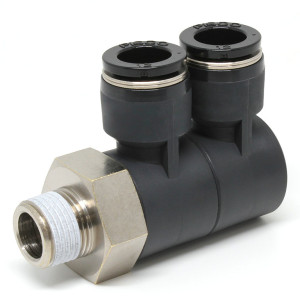 Đầu Nối Nhanh Khí Nén Hai Nhánh Cong 90° Thân Lục Giác Trụ Ren Ngoài Pisco PHW12-03-C