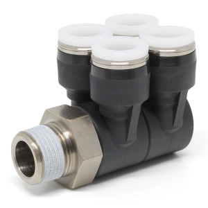 Đầu Nối Nhanh Khí Nén Bốn Nhánh Cong 90° Thân Lục Giác Trụ Ren Ngoài Pisco PAW1/2-N3U