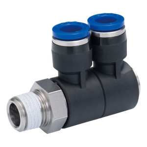 Đầu Nối Nhanh Khí Nén Hai Nhánh Cong 90° Thân Lục Giác Trụ Ren Ngoài Pisco SPHW8-03