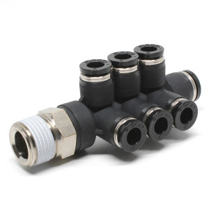 Đầu Nối Nhanh Khí Nén Dạng Chữ T Sáu Nhánh Ren Ngoài Pisco PKVD8-6-03W