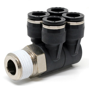 Đầu Nối Nhanh Khí Nén Bốn Nhánh Cong 90° Thân Lục Giác Trụ Ren Ngoài Pisco PAW10-04W