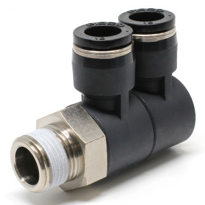 Đầu Nối Nhanh Khí Nén Hai Nhánh Cong 90° Thân Lục Giác Trụ Ren Ngoài Pisco PHW10-03W