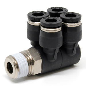 Đầu Nối Nhanh Khí Nén Bốn Nhánh Cong 90° Thân Lục Giác Trụ Ren Ngoài Pisco PAW6-02-UC