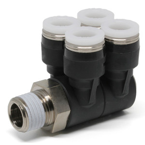 Đầu Nối Nhanh Khí Nén Bốn Nhánh Cong 90° Thân Lục Giác Trụ Ren Ngoài Pisco PAW5/16-N2U