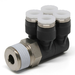 Đầu Nối Nhanh Khí Nén Bốn Nhánh Cong 90° Thân Lục Giác Trụ Ren Ngoài Pisco PAW1/4-N3U