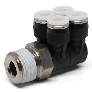 Đầu Nối Nhanh Khí Nén Bốn Nhánh Cong 90° Thân Lục Giác Trụ Ren Ngoài Pisco PAW5/16-N4U