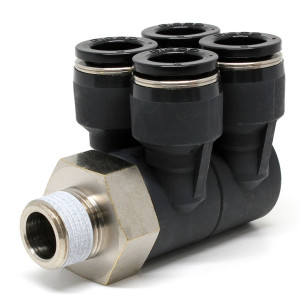 Đầu Nối Nhanh Khí Nén Bốn Nhánh Cong 90° Thân Lục Giác Trụ Ren Ngoài Pisco PAW12-03W