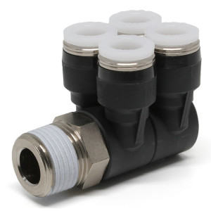Đầu Nối Nhanh Khí Nén Bốn Nhánh Cong 90° Thân Lục Giác Trụ Ren Ngoài Pisco PAW5/16-N3U
