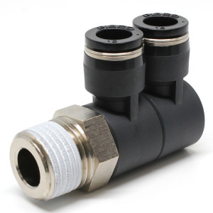 Đầu Nối Nhanh Khí Nén Hai Nhánh Cong 90° Thân Lục Giác Trụ Ren Ngoài Pisco PHW10-04-C