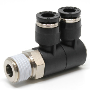 Đầu Nối Nhanh Khí Nén Hai Nhánh Cong 90° Thân Lục Giác Trụ Ren Ngoài Pisco PHW6-02-C