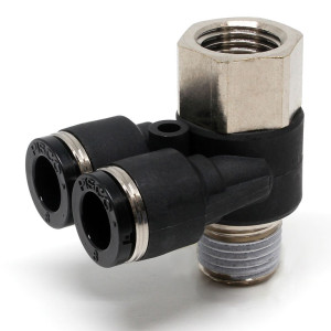 Đầu Nối Nhanh Khí Nén Hai Nhánh Cong 90° Đầu Lục Giác Trụ Ren Đực Cái Pisco PAF8-02-C
