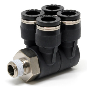Đầu Nối Nhanh Khí Nén Bốn Nhánh Cong 90° Thân Lục Giác Trụ Ren Ngoài Pisco PAW8-01W