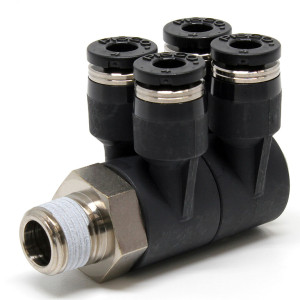 Đầu Nối Nhanh Khí Nén Bốn Nhánh Cong 90° Thân Lục Giác Trụ Ren Ngoài Pisco PAW4-01W