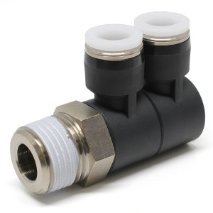 Đầu Nối Nhanh Khí Nén Hai Nhánh Cong 90° Thân Lục Giác Trụ Ren Ngoài Pisco PHW3/8-04