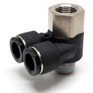 Đầu Nối Nhanh Khí Nén Hai Nhánh Cong 90° Đầu Lục Giác Trụ Ren Đực Cái Pisco PAF12-03-C