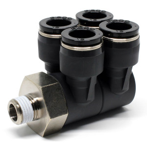 Đầu Nối Nhanh Khí Nén Bốn Nhánh Cong 90° Thân Lục Giác Trụ Ren Ngoài Pisco PAW12-02