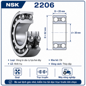 Sơ đồ kích thước vòng bi tự lựa NSK 2206 30x62x20mm