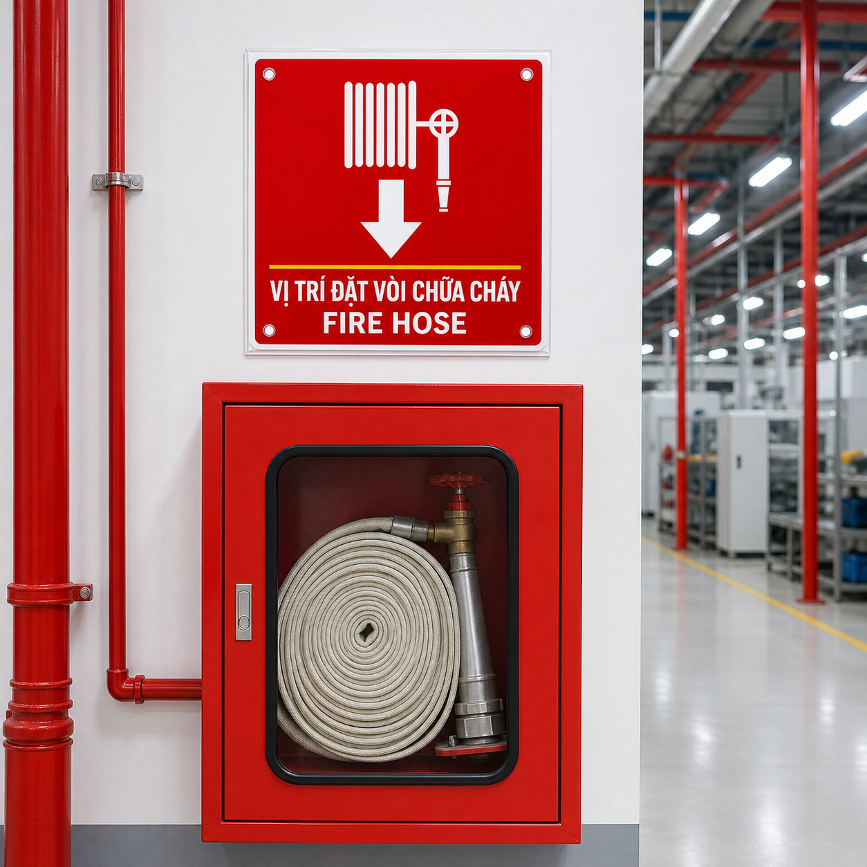 Bảng mica vị trí đặt vòi chữa cháy lắp trên tủ vòi chữa cháy