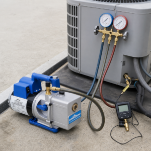Bơm chân không Robinair 15601 kết nối hệ thống HVAC qua manifold