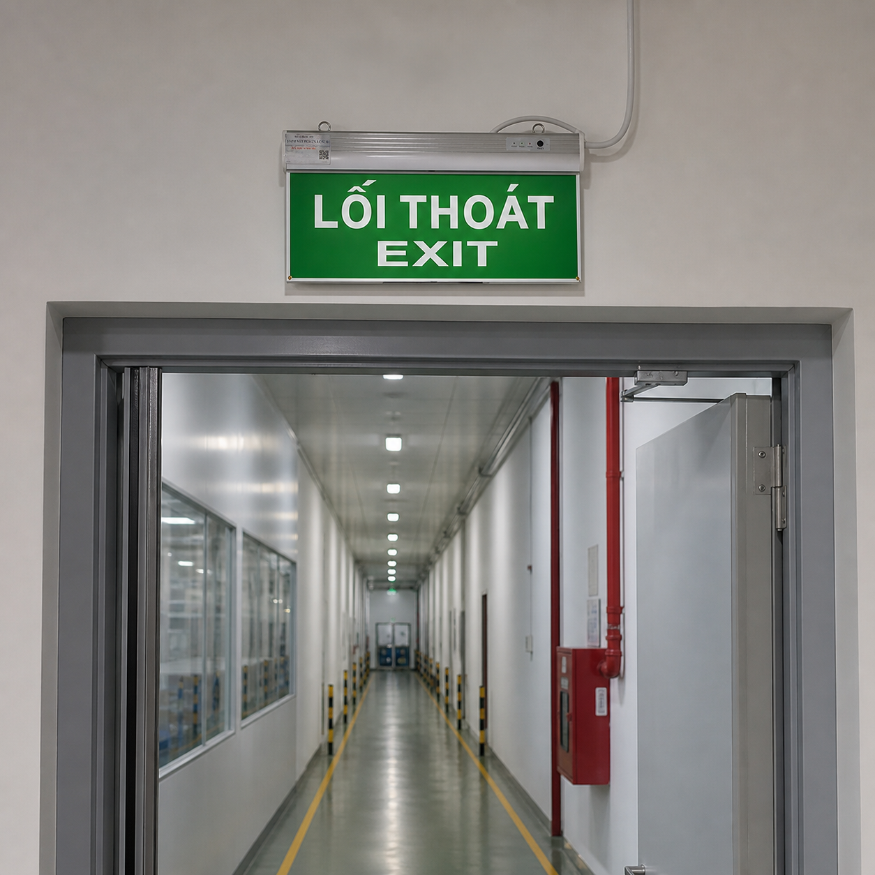 Đèn exit có tem kiểm định PCCC lắp trên cửa thoát hiểm nhà máy