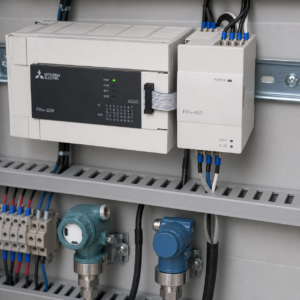 Module Mitsubishi FX3U-4AD lắp cạnh PLC trong tủ điện nhận tín hiệu cảm biến
