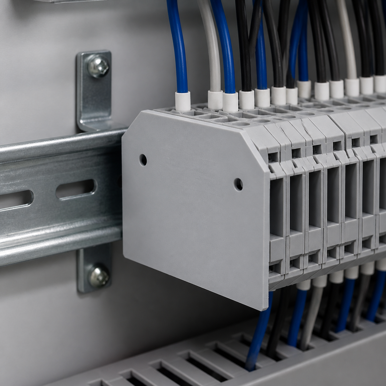 Ứng dụng nắp che Connectwell EP6/10U Nắp che Connectwell EP6/10U lắp ở cuối dãy cầu đấu
