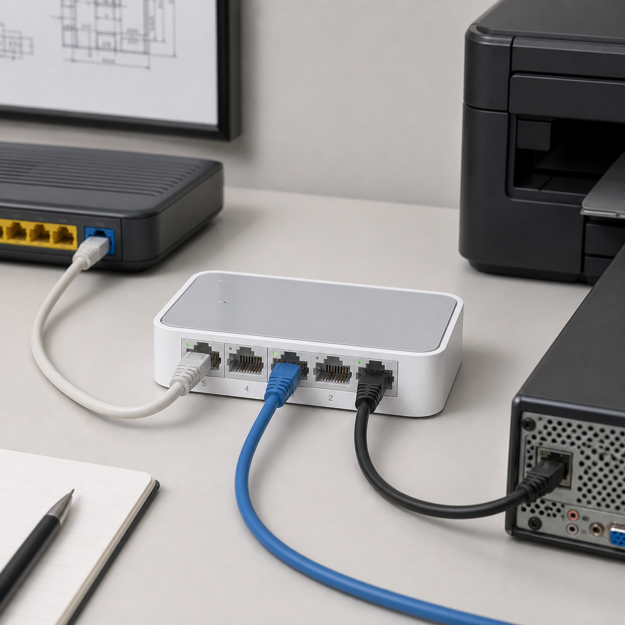 TP-Link TL-SF1005D kết nối router máy tính và máy in